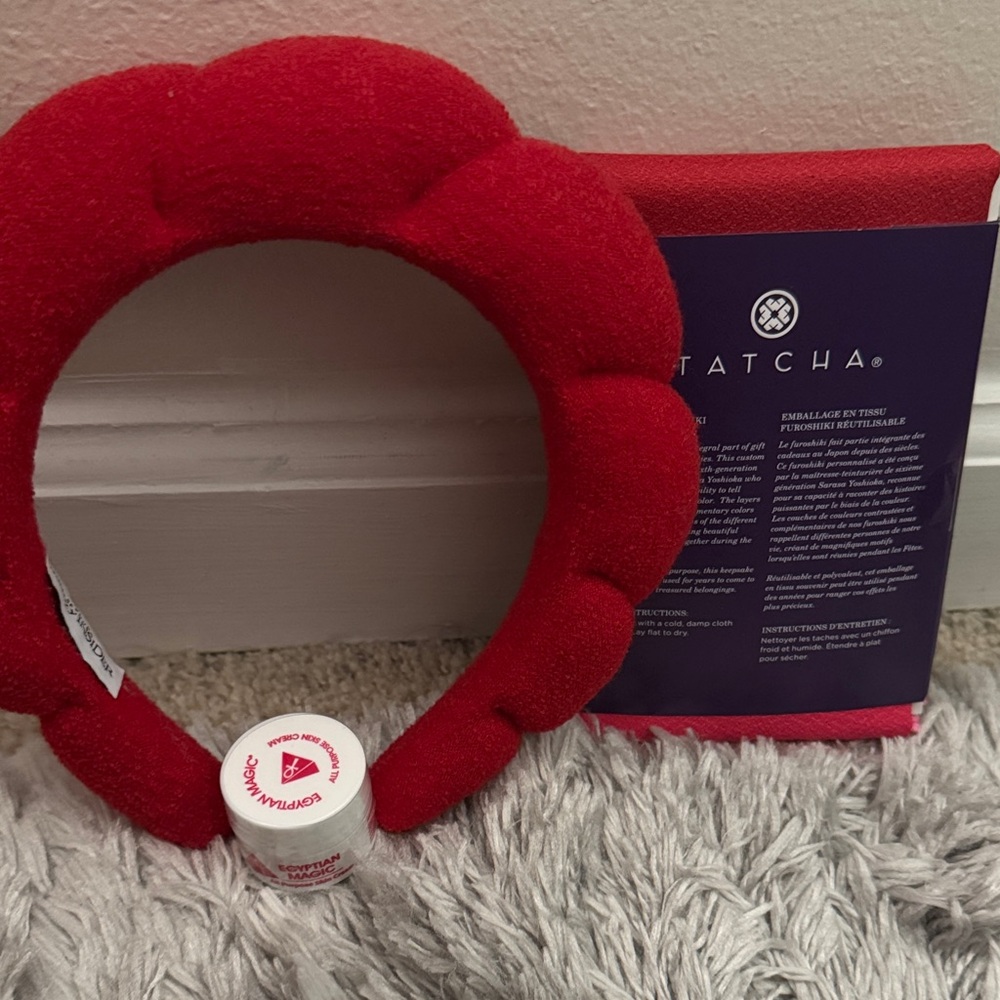 Tatcha Red Headband with Skincare Essentials